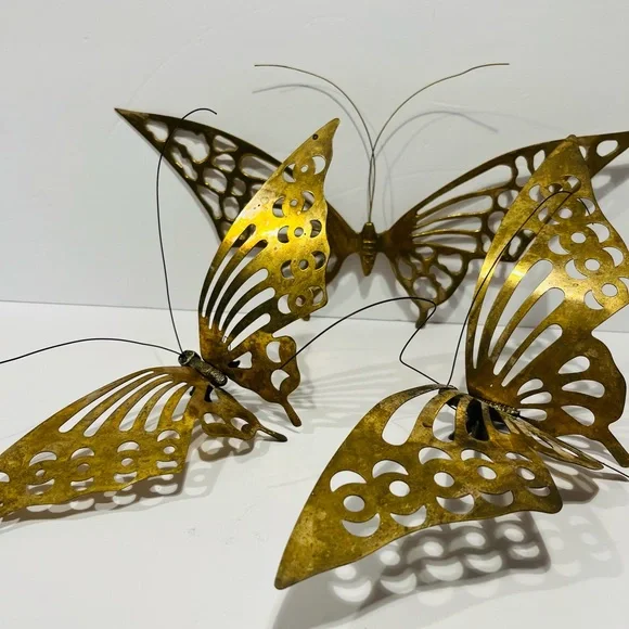Vintage 1970’s Midcentury Modern Brass Set of 3 Large Butterflies Wall Decor